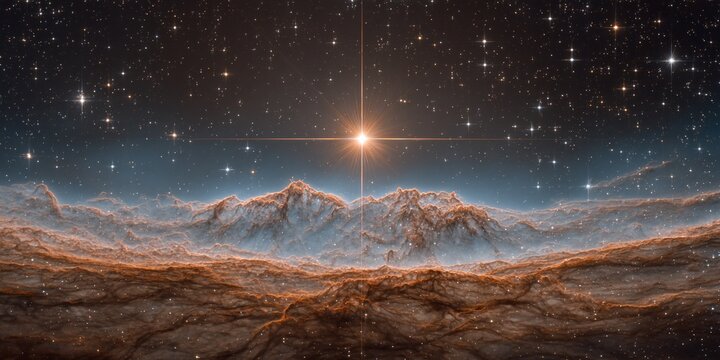 PAESAGGIO ALIENO CON STELLA BRILLANTE E MONTAGNE ROCCIOSE