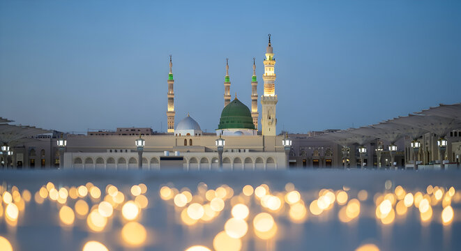 Milad un Nabi Maulid or Mawlid al Nabi Islamic background banner with Madina mosque in festive lighting