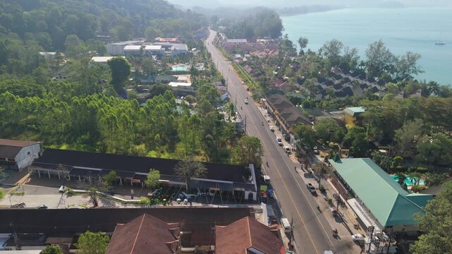 Drone Shot of Chia Chet Tourist Area, Koh Chang, with main roads plaza and resorts