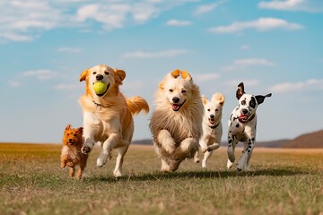 Joyful pack of diverse dogs bounding across grassy field on sunny day with clear blue sky overhead