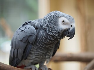 Fototapeta premium Close up portrait of a beautiful african grey parrot perched on a branch with soft blurred background in natural light