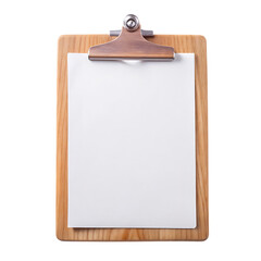 A blank white paper on top of a wooden clipboard - isolated on a white background
