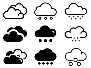 Cloud, Snow, Hail and Sleet Icons: Minimal black-and-white weather pictograms of clouds, snowfall, hail, and sleet in outline and solid styles. Ideal for apps, maps, dashboards, & winter infographics.