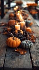 Autumn table setting with pumpkins, candles, and pinecones for gatherings, vertical photo