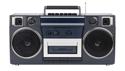 old audio cassette recorder in black color isolated on white background