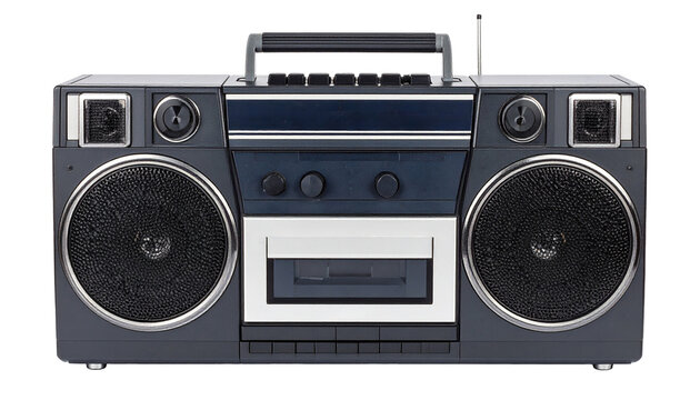 old audio cassette recorder in black color isolated on white background