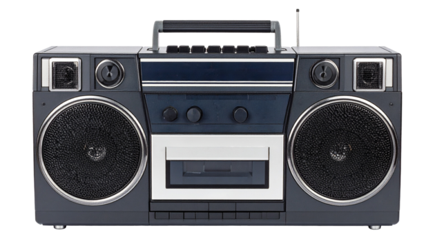 old audio cassette recorder in black color isolated on white background