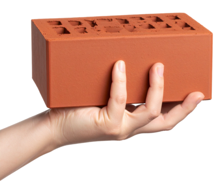 hand with a red brick isolated on white background