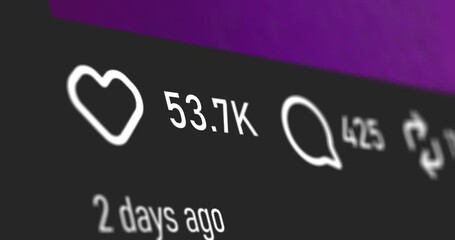 Hit like on post in social network on smartphone screen, animation of  increasing number of likes, comments and reposts icons, footage - Powered by Adobe