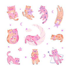 Set cute sleeping cats with stars, clouds, constellations, crescent moon
