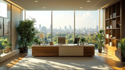 Fototapeta premium Luxurious Executive Office with Panoramic City View and Natural Light.