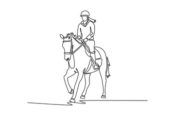One line drawing of beautiful female rider on an elegant horse at a trot, depicting the graceful partnership, skill, and deep connection of the equestrian sport and its discipline. Vector illustration