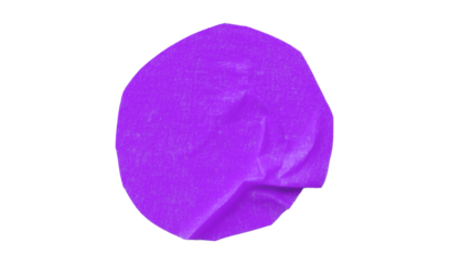 Purple circle masking tape sticker with crumpled edges, separate crumpled round paper on transparent background.