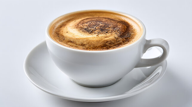 food photography, white cup of raf coffee isolated on white background