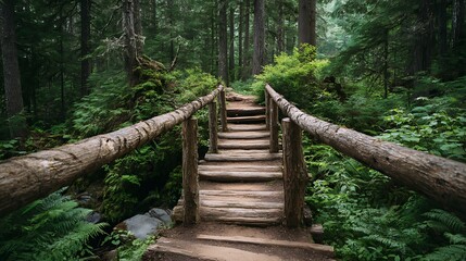 Fototapeta premium Perspective view of a rustic log footbridge on a hiking trail winding through a dense and vibrant green forest