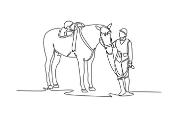 Continuous line drawing of woman jockey with helmet and uniform standing with her horse, depicting serene partnership, trust, and deep bond shared between human and elegant animal. Vector illustration