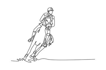 One line drawing of sporty man jockey riding a powerful horse at a full gallop, depicting the dynamic action, speed, and thrilling competition of the sport of equestrianism. Design vector illustration