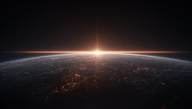 Luce solare che sorge sull'orizzonte della Terra vista dallo spazio, con luci cittadine illuminate sotto