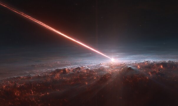 Raggio di energia cosmica attraversa le nuvole cosmiche, illuminando lo spazio profondo con luce brillante.