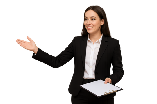 business woman pointing at copy space