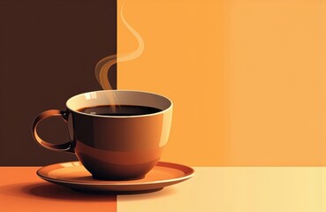 Obraz premium Warm coffee cup on a saucer with steam rising, set against a split background of dark and light tones