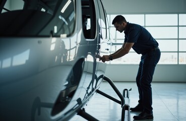 Obraz premium Aircraft technician inspecting airplane in hangar with large windows