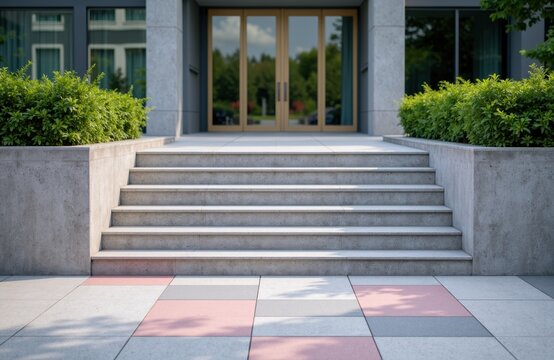 Modern building entrance with concrete stairs and landscaped greenery