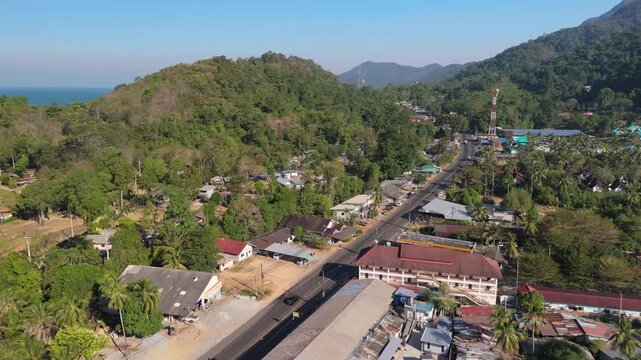 aerial Shot of Chia Chet Tourist Area, Koh Chang, with main roads and buildings