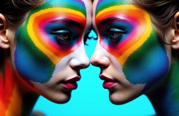Colorful rainbow face paint on two women facing each other creating a symmetrical visual effect