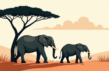 Fototapeta premium A mother elephant and her calf walk together in a savannah landscape with a tree and cloudy sky