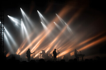 Fototapeta premium silhouette of musicians on the stage of the festival in the beautiful rays of the spotlight