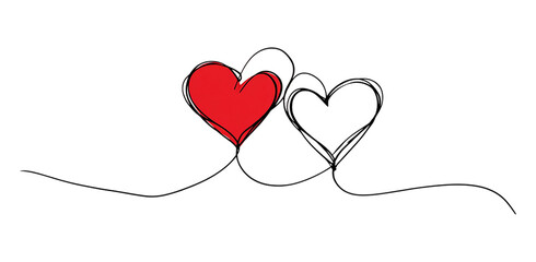 Two hearts one red and one white connected by a single line isolated on transparent background