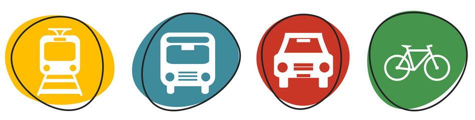 Bunte Verkehrsmittel-Buttons: Zug, Bus, Auto und Fahrrad