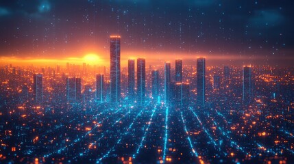 Fototapeta premium Cyberpunk Metropolis at Dawn Digital Art Neon Glow Cityscape.
