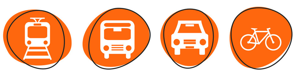Rote Verkehrsmittel-Buttons: Zug, Bus, Auto und Fahrrad