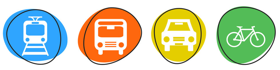 Bunte Verkehrsmittel-Buttons: Zug, Bus, Auto und Fahrrad