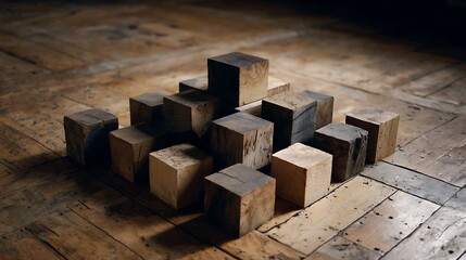 Wooden Blocks Arranged on a Rustic Wooden Floor A Study in Texture and Form