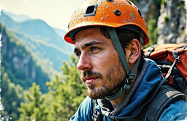 Obraz premium Climber wearing helmet in outdoor mountain landscape