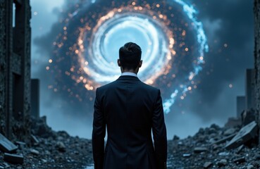 Fototapeta premium A man in a suit faces a swirling cosmic vortex with sparks in a dark, ruined landscape