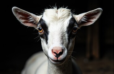 Obraz premium Close-up of a young goat with white fur and black markings on its face against a dark background