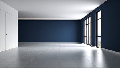 Obraz premium Modern interior with dark blue wall and gray tile floor in spacious room