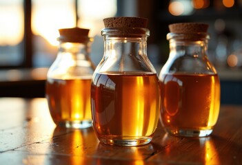 Woman holding small glass jars filled with honey in warm lighting