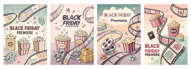 Colorful animated posters promoting a Black Friday movie premiere with popcorn and film reels.