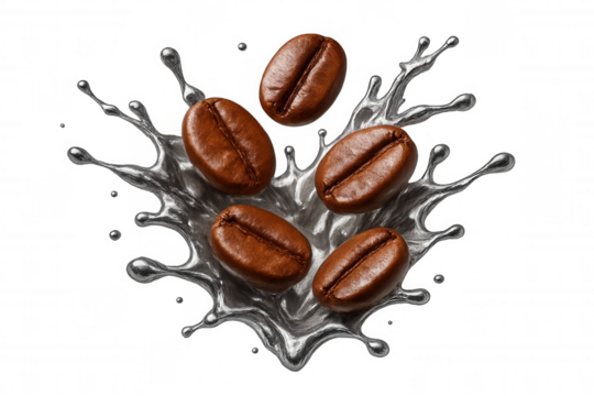 Roasting coffee beans tumbling through silvery liquid splash, creating dynamic visual for beverage branding against transparent backdrop