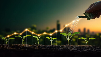 Hand-watering growing seedlings on a dark green background with a glowing growth graph,