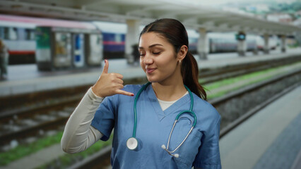Hispanic woman doctor in blue scrubs gestures a phone call at an outdoor train station suggesting communication in a healthcare context.