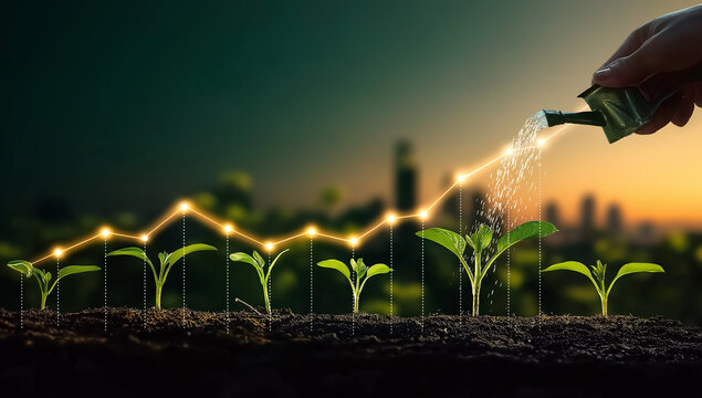 Hand-watering growing seedlings on a dark green background with a glowing growth graph,