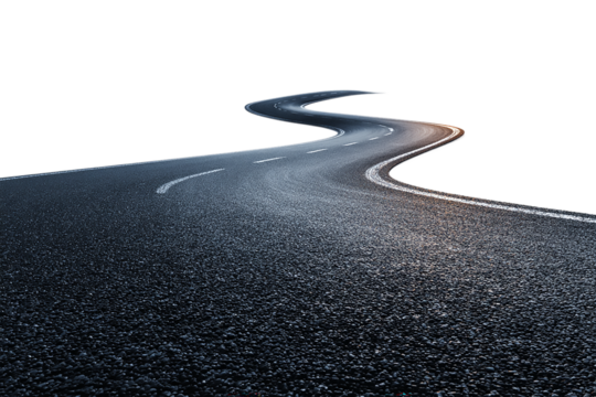 Curved asphalt road isolated on transparent background, symbolizing a journey, path, or future direction