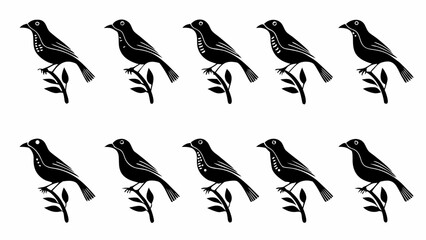 Obraz premium A pattern of black birds perched on branches with leaves arranged in two rows on a white background silhouette