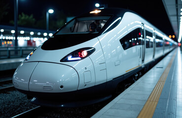 Fototapeta premium High-speed train arriving at night with bright lights illuminating the platform